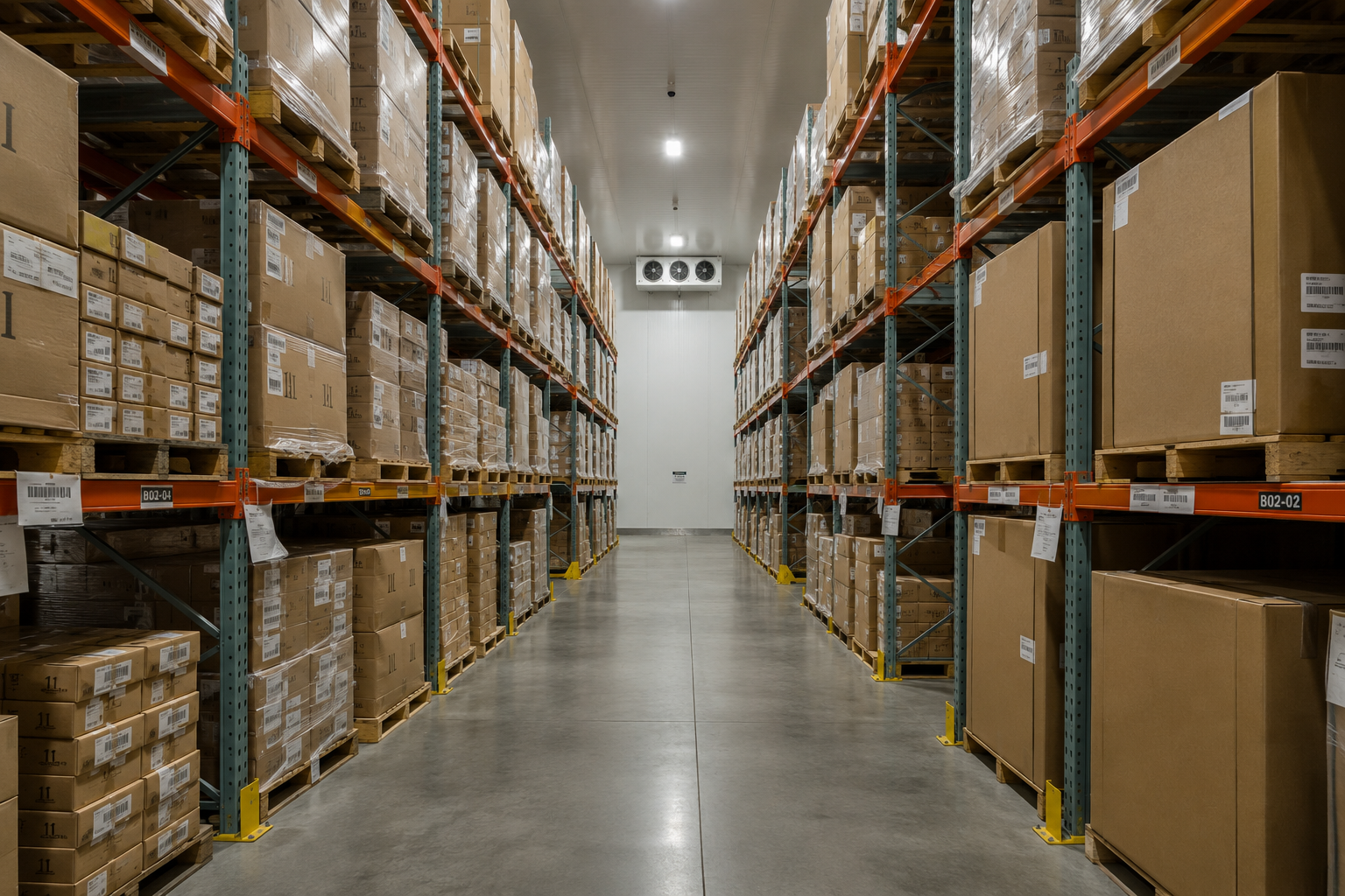 Almacén refrigerado con estanterías de uso rudo y cajas organizadas